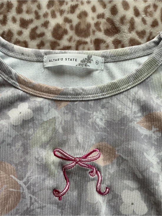 Altar'd State Tops - Altar'd State Pastel Tie-Dye Ribbed Tee with Pink Bow Embroidery